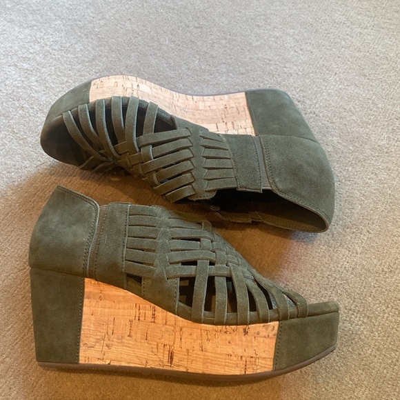 CHOCOLAT BLU Cork Wedge Platforms Sundance Free People 6.5 Olive Moss Green - Picture 4 of 10